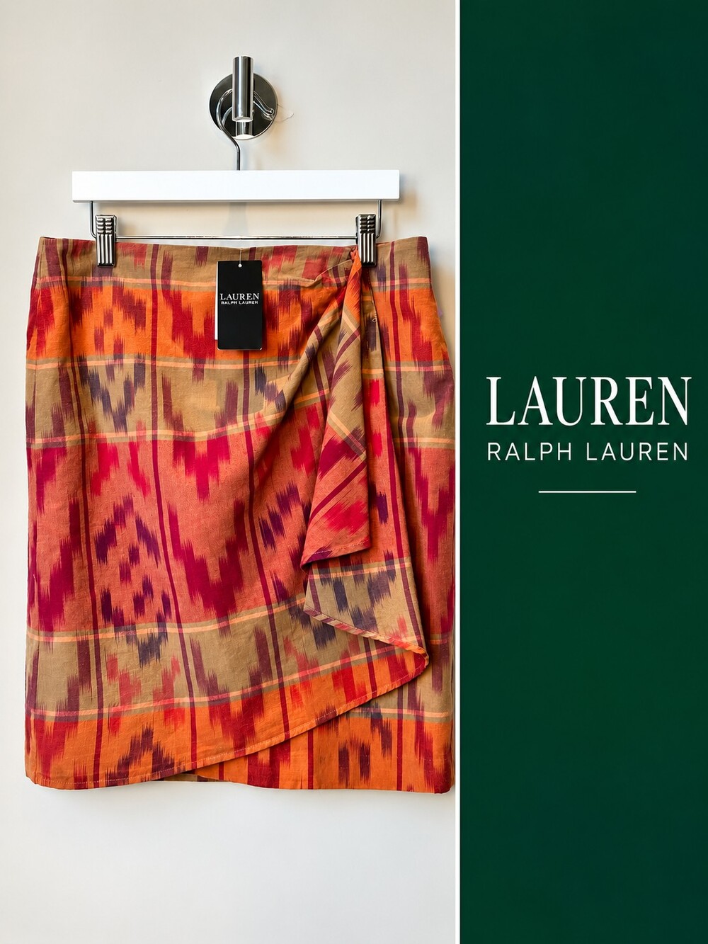 Lauren Ralph Lauren Ikat Plaid Ruffle Wrap Skirt Size 4 NWT Linen Blend